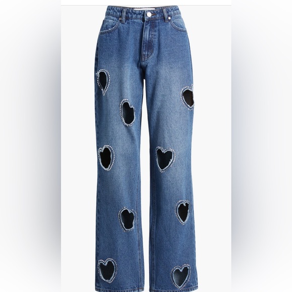 Rhinestone Heart Cutout Jeans - Picture 1 of 5